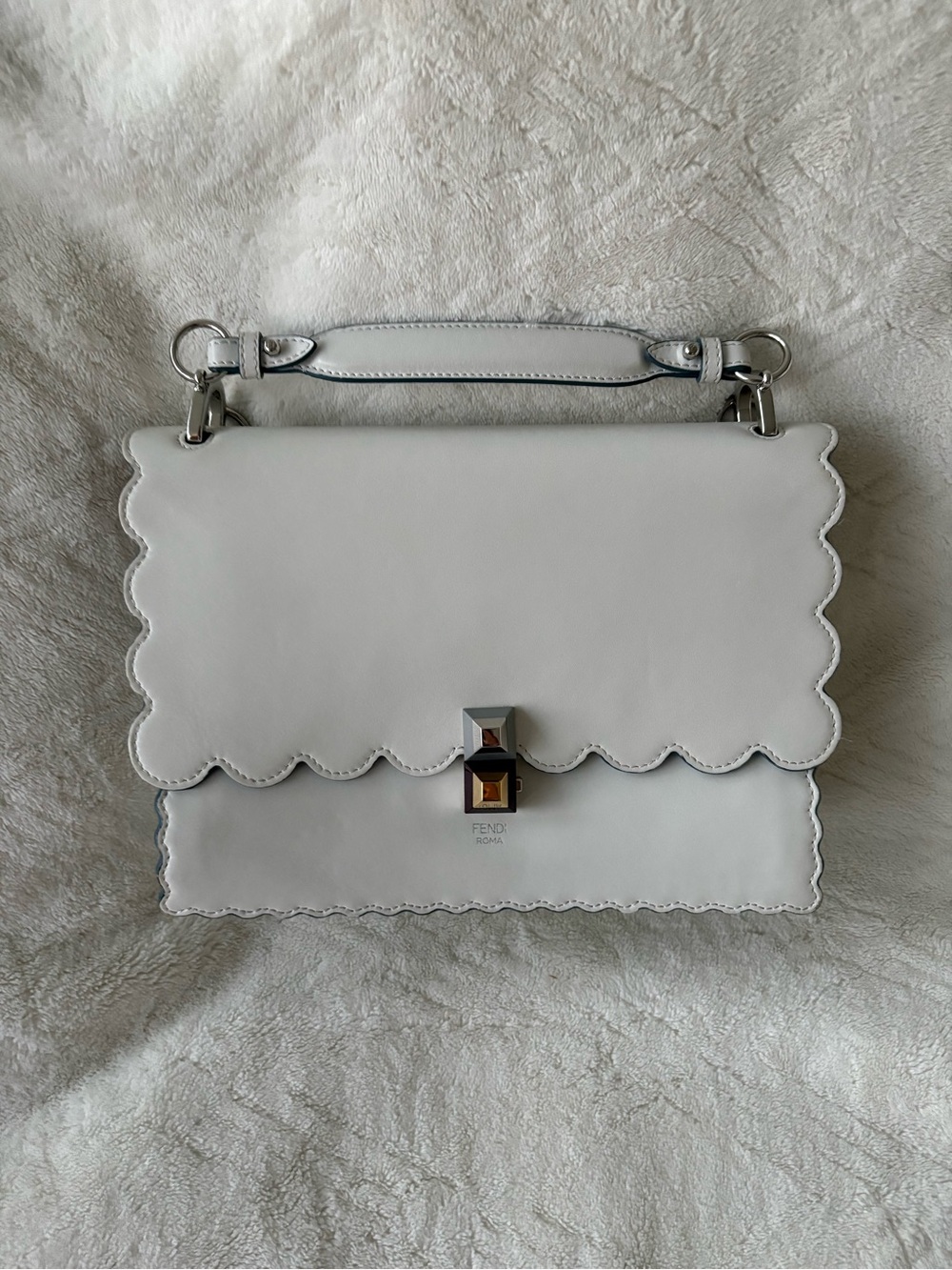 Fendi White Scalloped Edge Leather Top-Handle Satchel